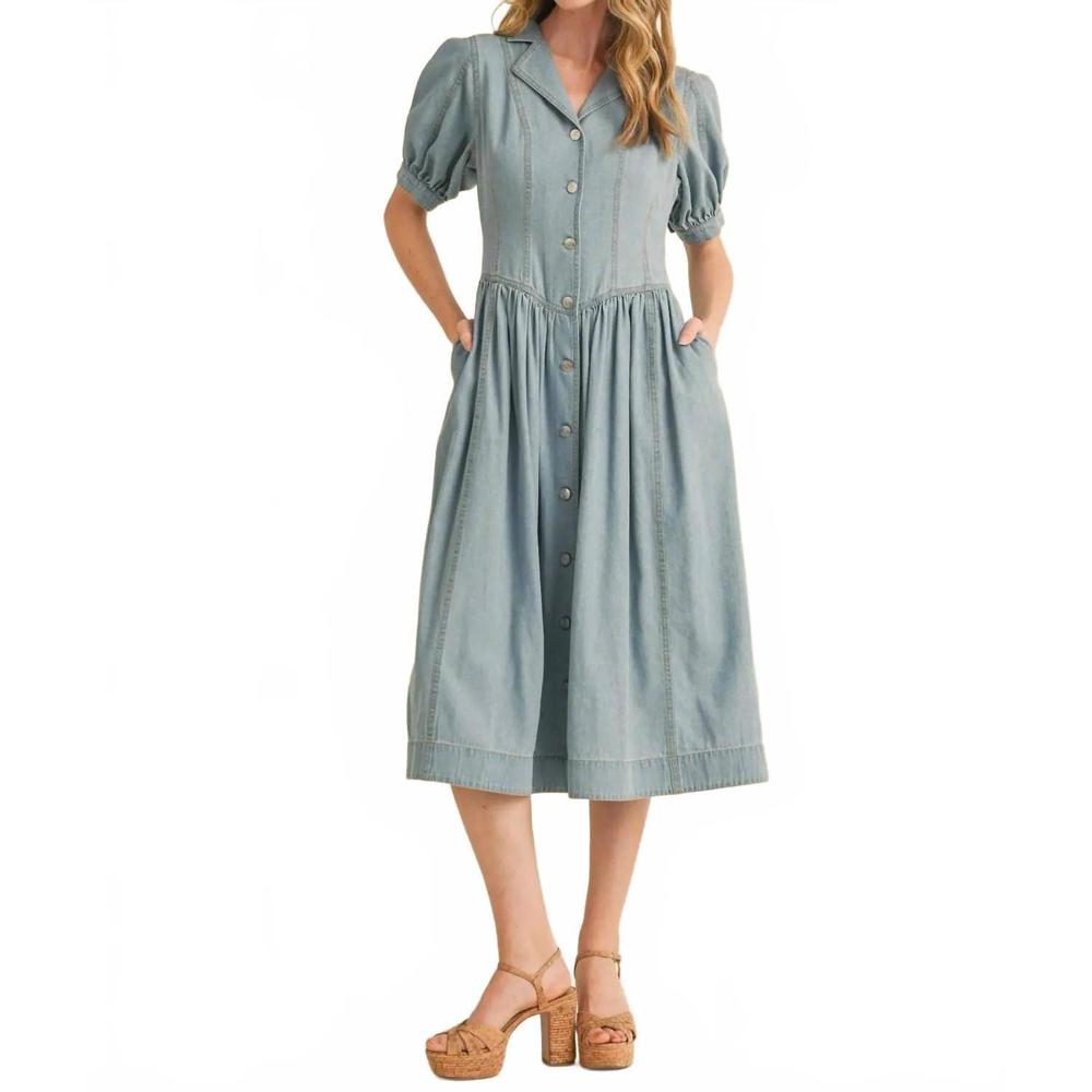 NEW EN MERCI denim puff sleeve button down mini dress in blue